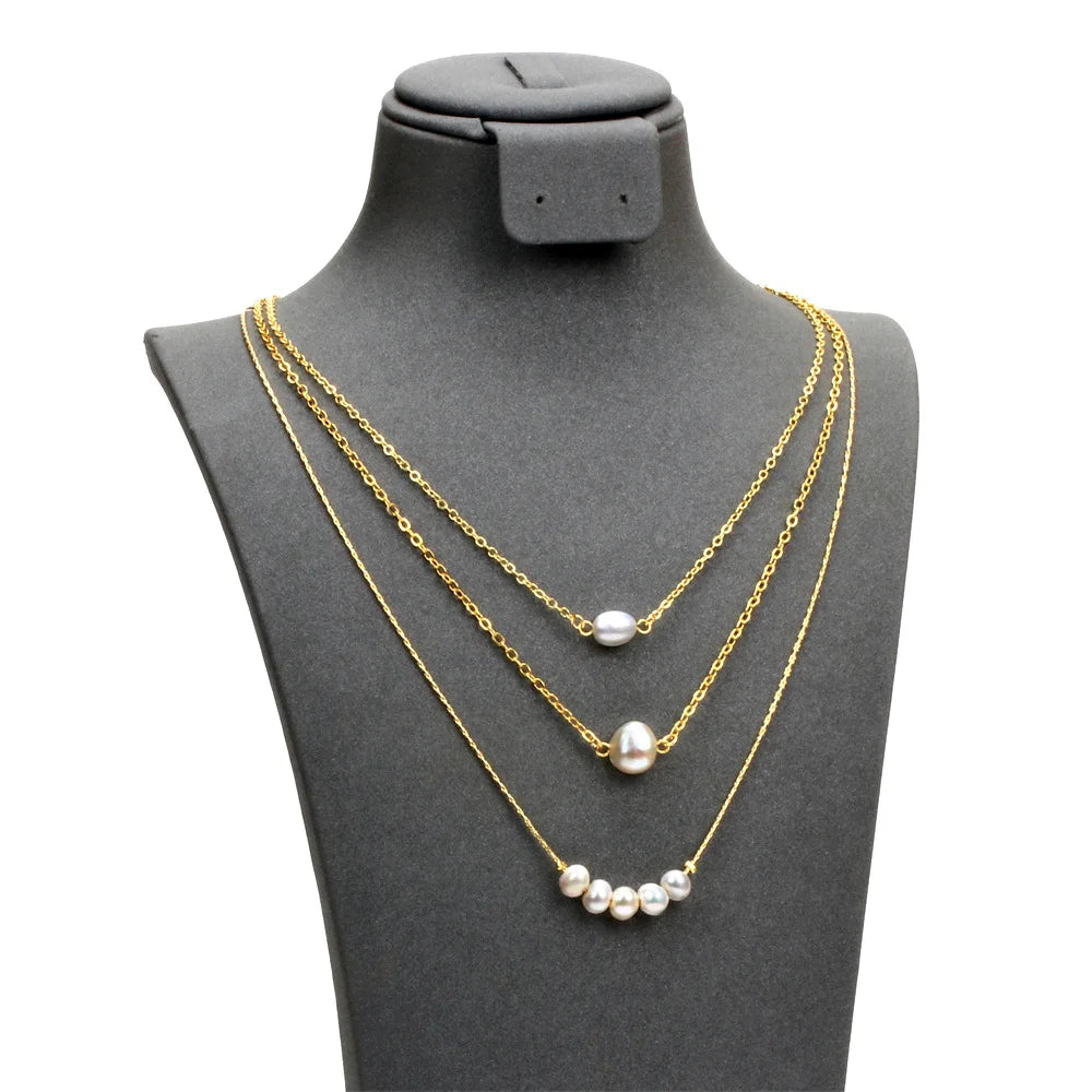 Triple Gold Chain Pearl Choker Multilayer Freshwater Pearl Jewelry Necklace Glod Plated Link Layering Necklace