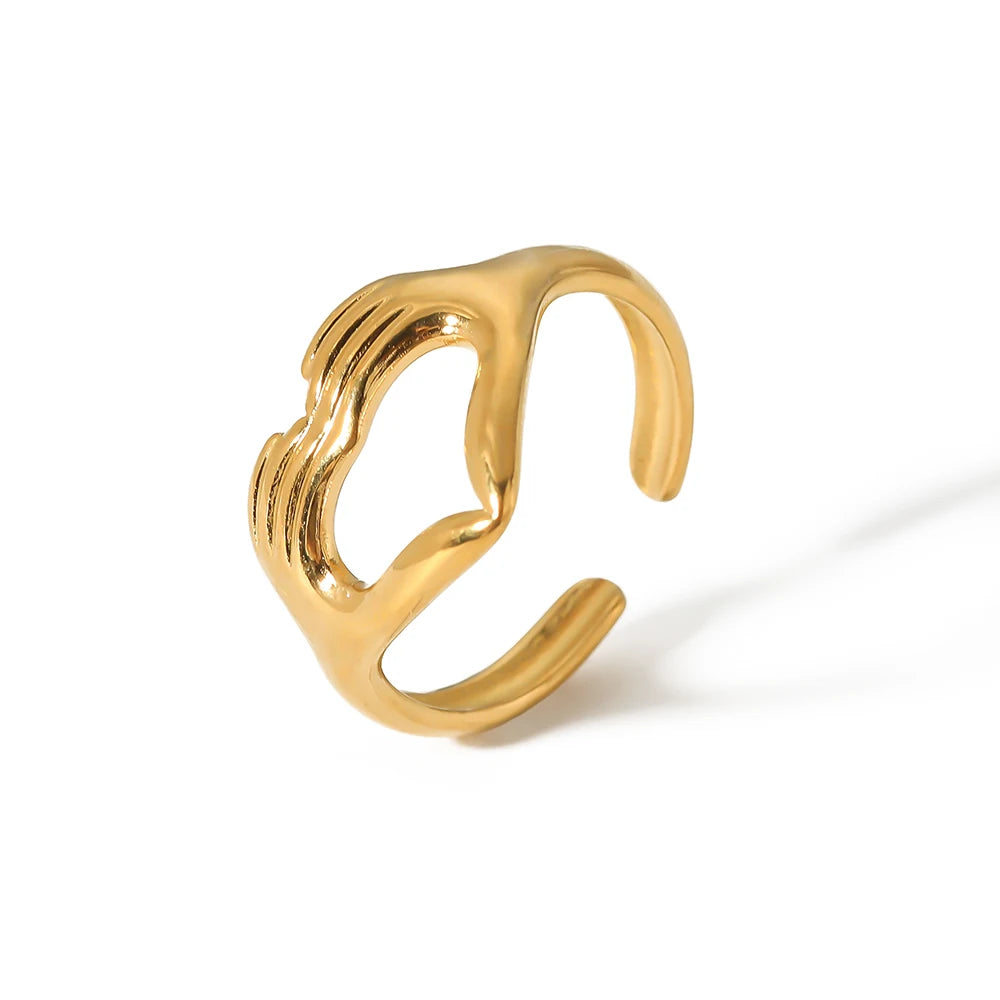 Creative Unique 18K Gold Plated Stainless Steel Heart Shaped Hands Finger Rings for Women Men Jewelry