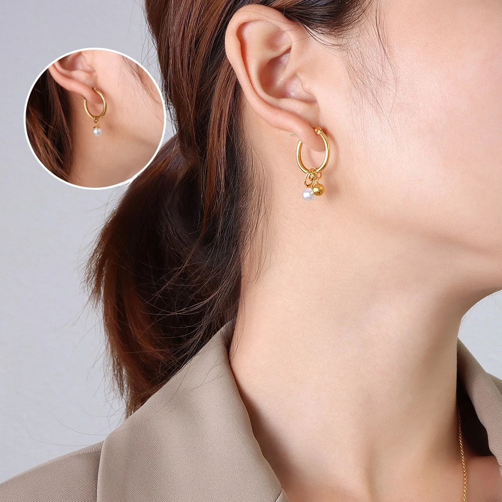 2024 New Stainless Steel Imitati Pearl Design Gold Beaded Earrings Custom 18k Gold Plated Hoop Earrings Jewelry
