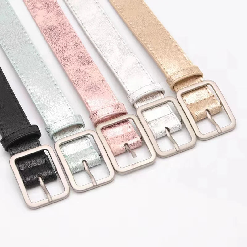 JULUN PU Belt Manufacture Ladies Metallic Shiny PU Belt Multi Color Square Silver Buckle Slim Women Waist Belt