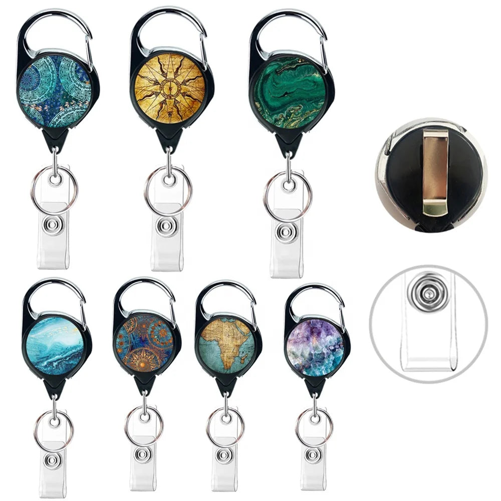 Office Supplier Custom Retro Compass Map Plastic Retractable ID Badge Reel Holder Durable Badge Reel With Keychain