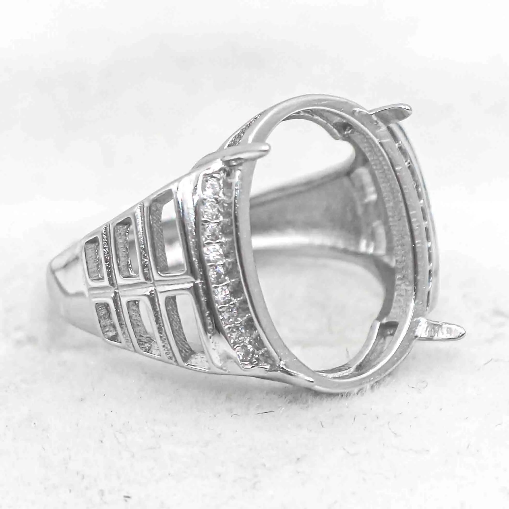 Sterling Silver 14*18mm Semi Mount Men's Ring Frame Empty Blank Claw Setting S925 Base Holder Without Center Stone for DIY Inlay