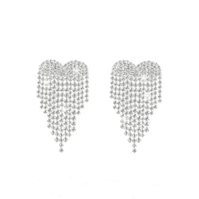 Luxury Bling Rhinestone Crystal Drop Earrings Statement Heart Shape Long Tassel Earrings for Wedding Bridal