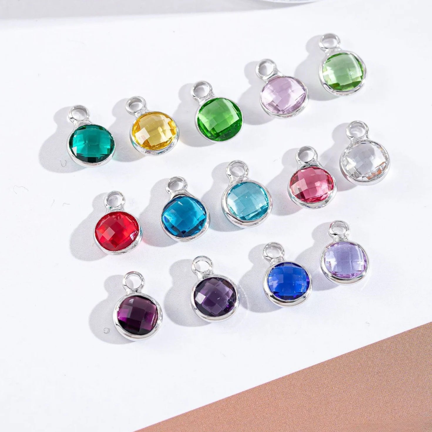 Silver Birthstone Connector 6mm 8mm 10mm Mixed Crystal Charm for Bracelet Earrings Faceted Round Glass Crystal Brass Bezel