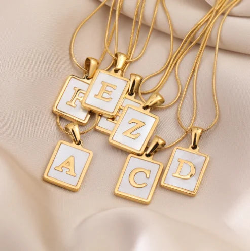 Fashion Snake Bone Chain Letters Pendant Necklace Stainless Steel 18K Gold Plated Square Capital Initial Necklaces for Women Men