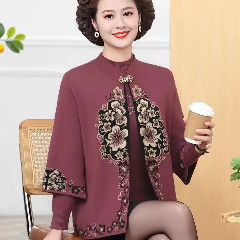 Huachao Chinese Style  Twinset Embroidery Women Sweater Cardigan Keep Warm Knit Women Sweater