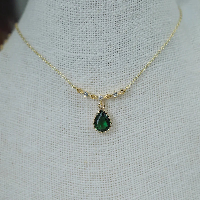 Minimalist Luxury Jewelry Teardrop CZ Pearl Green Stone 925 Sterling Silver Necklace
