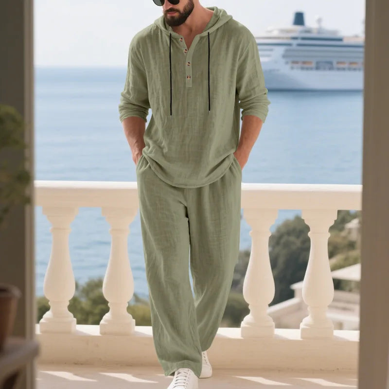 Men's Casual Two Piece Suit Loose Hooded Henry Shirt Long Sleeve Top Trousers Men Sets