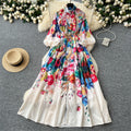 LW0865 Dress 2025 Spring Vintage Stand-Up Collar Single Breasted Lantern Sleeve Waist Print Full Skirt Plus Size Dress Elegant