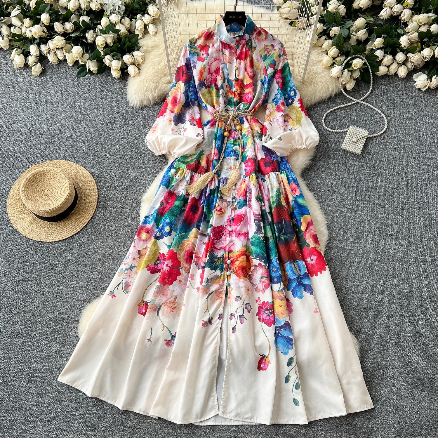 LW0865 Dress 2025 Spring Vintage Stand-Up Collar Single Breasted Lantern Sleeve Waist Print Full Skirt Plus Size Dress Elegant
