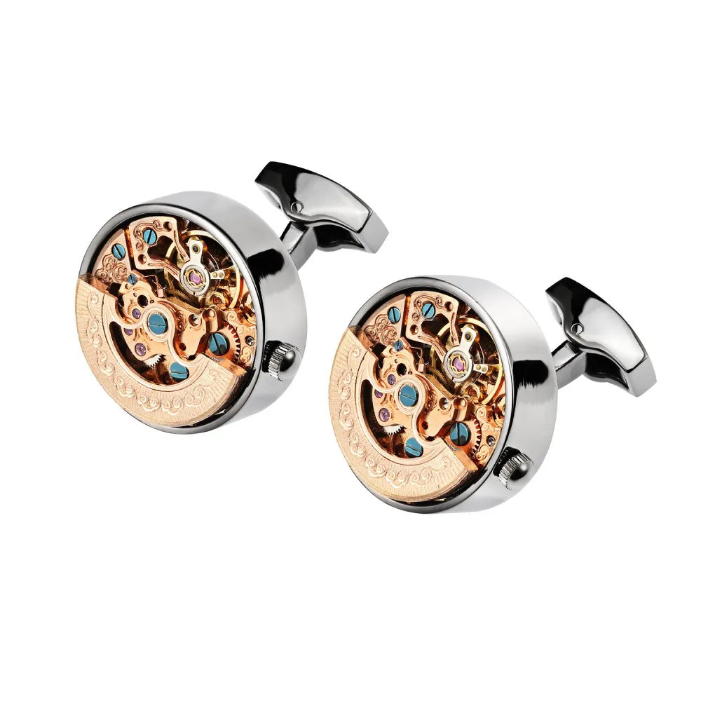 OB Men's Steampunk Custom Cufflinks with Crystal & Rhinestone-Engagement Wedding Gift Brass Movement