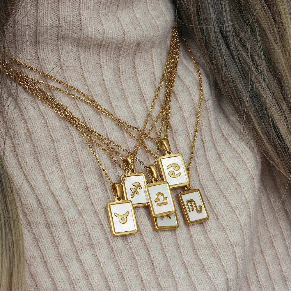 Simple Fashion Waterproof Non Tarnish Stainless Steel Jewelry Gold Plated Square Letter Zodiac Sign Pendant Necklace