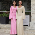Enyami Autumn Spring Romantic Elegant Women Back Lace up Leisure U Neck Flare Long Sleeves Casual Ribbed One Piece Maxi Dress