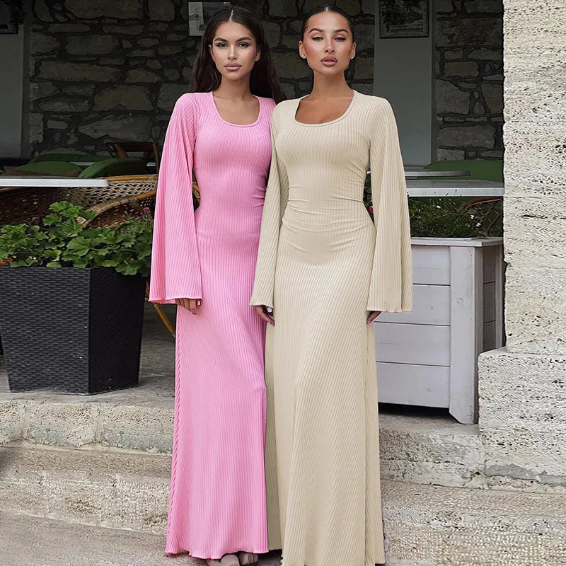 Enyami Autumn Spring Romantic Elegant Women Back Lace up Leisure U Neck Flare Long Sleeves Casual Ribbed One Piece Maxi Dress