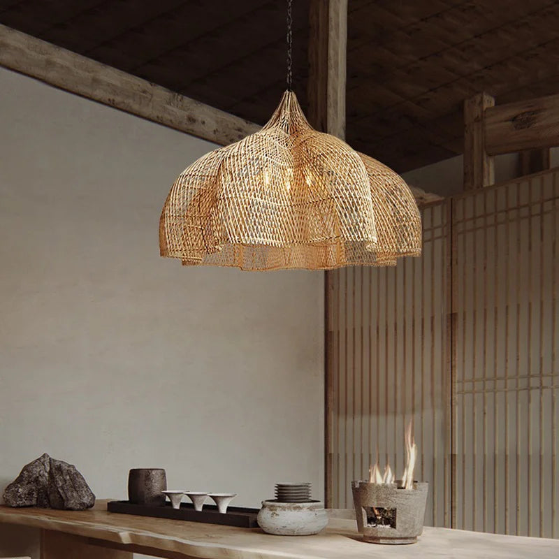 New Vintage Creative Art Handmade Led Bamboo Pendant Light Decoration Restaurant Rattan Woven Art Chandelier Hotels Tearooms