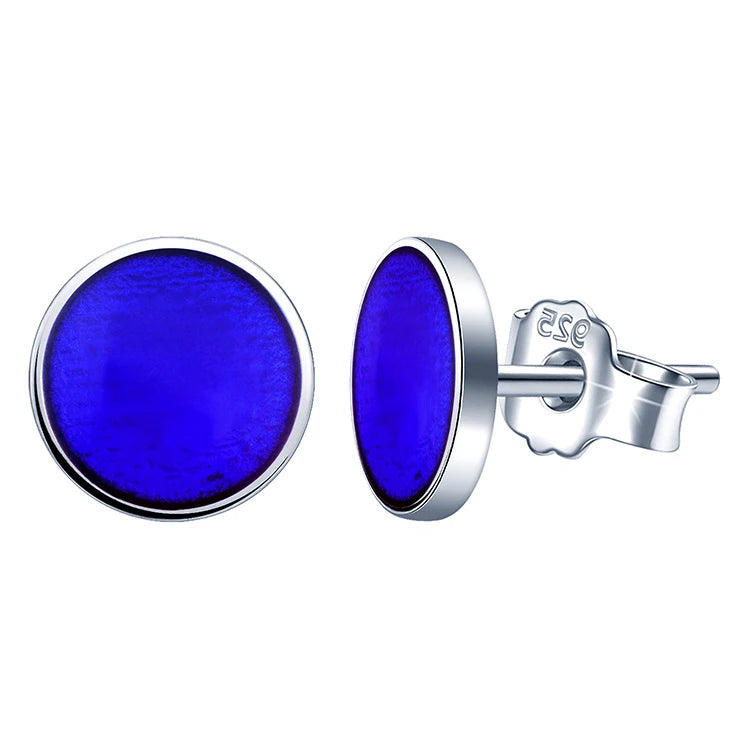 7mm Woman Blue Simple Round S925 Sterling Silver Small Disc Lacquered Stud Earrings Jewelry