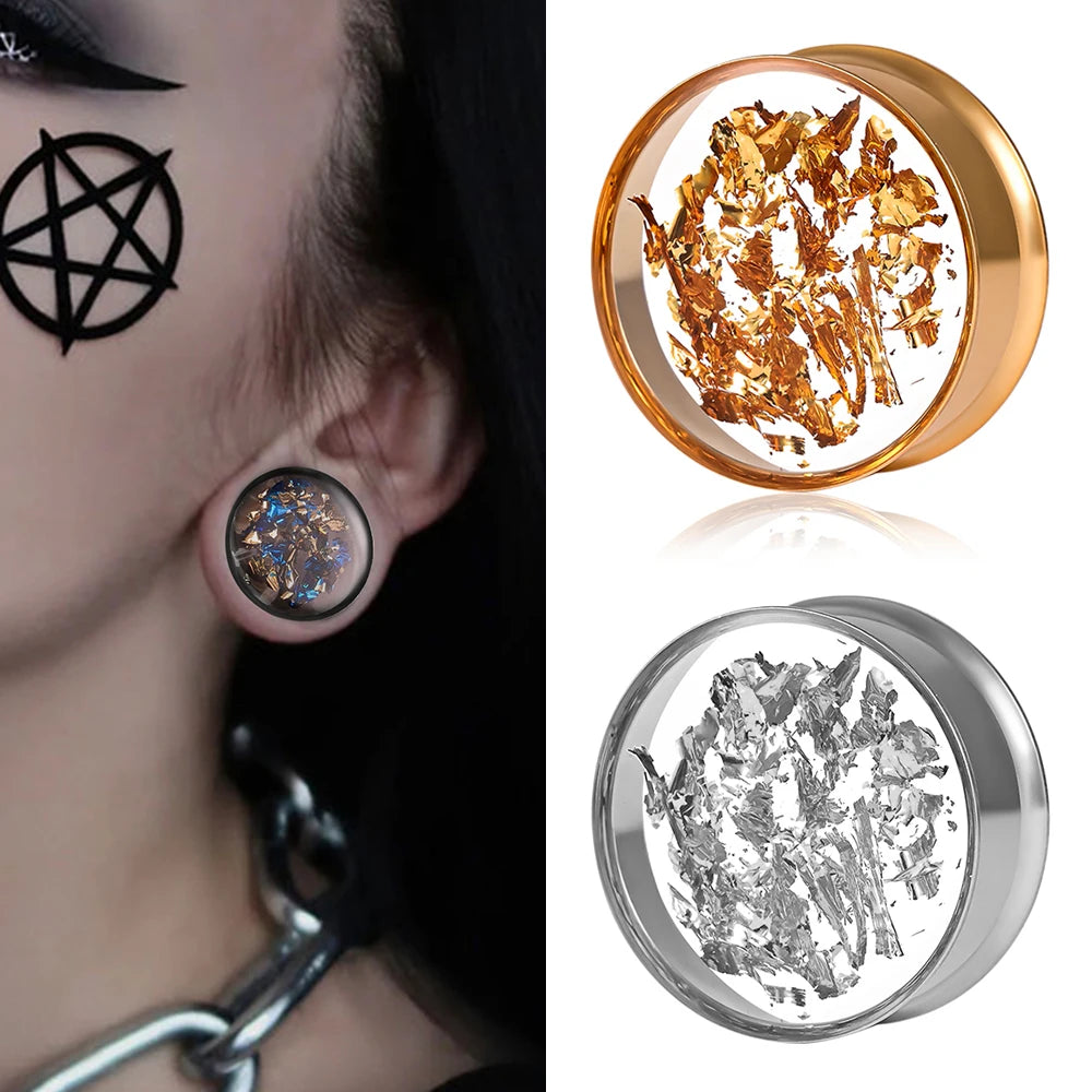 Evorte New Stunning 316L Stainless Steel Gold Plated Moon Star Ear Gauges Tunnel Plugs Ear Expander Double Flared Metallic