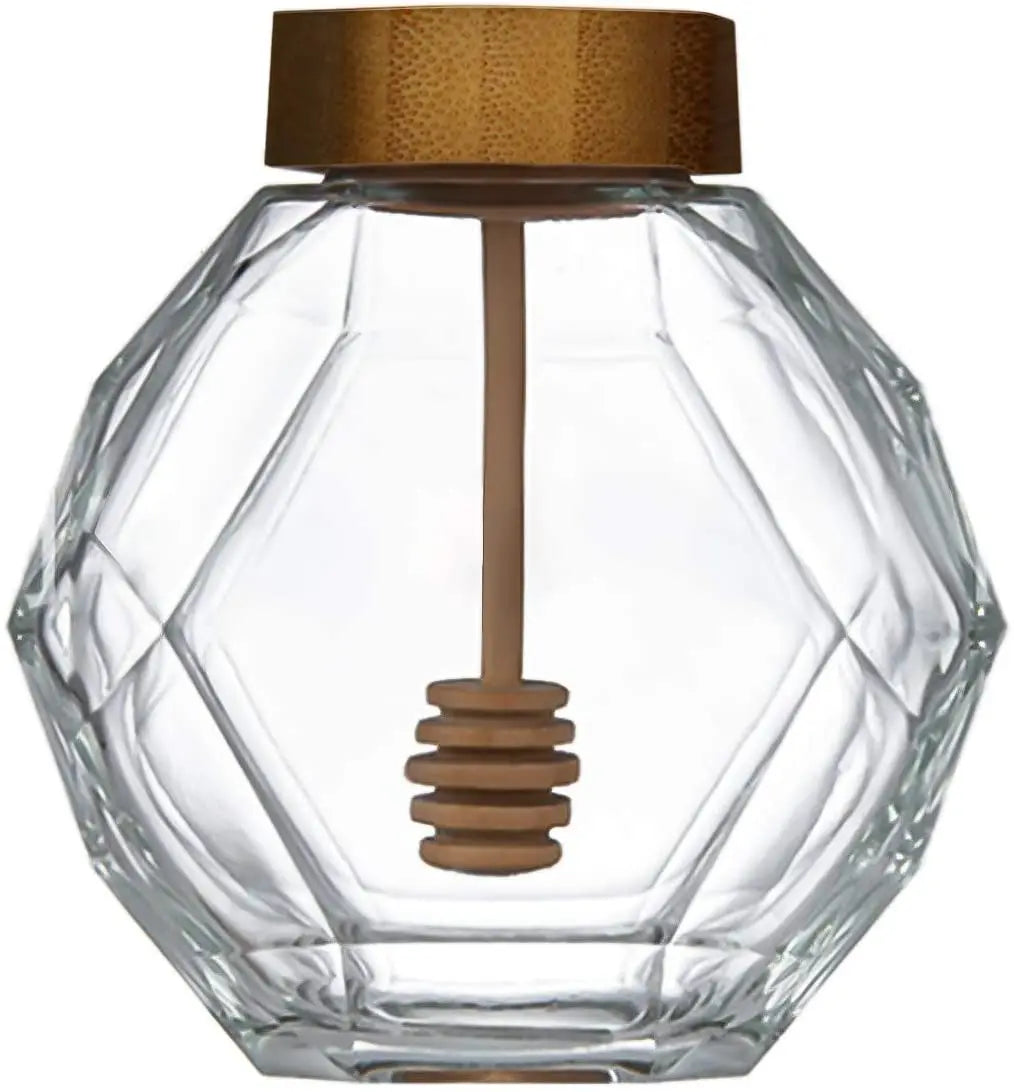 Honey Pot Jar Hexagon Shape Honey Pot Container 380ml Glass Honey Jar with Dipper and Lid Cover for Home Kitchen Wooden Lid