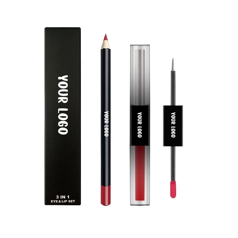 3 in 1 Custom Logo Gift Set Vegan Waterproof Matte Liquid Lipstick & Metallic Eyeshadow Lip Liner Private Label Travel Size Kit