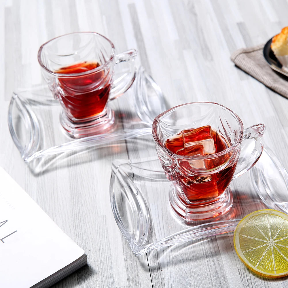 Hot Selling European Style Glass Tea Coffee Cup Saucer Set With Pattern Handles Drinking Cup