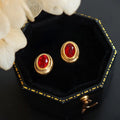 Vintage Chic Red Green Zirconia Stud Earrings Stainless Steel Oval Shape Bezel Setting High-Class Feeling Anniversaries Gifts