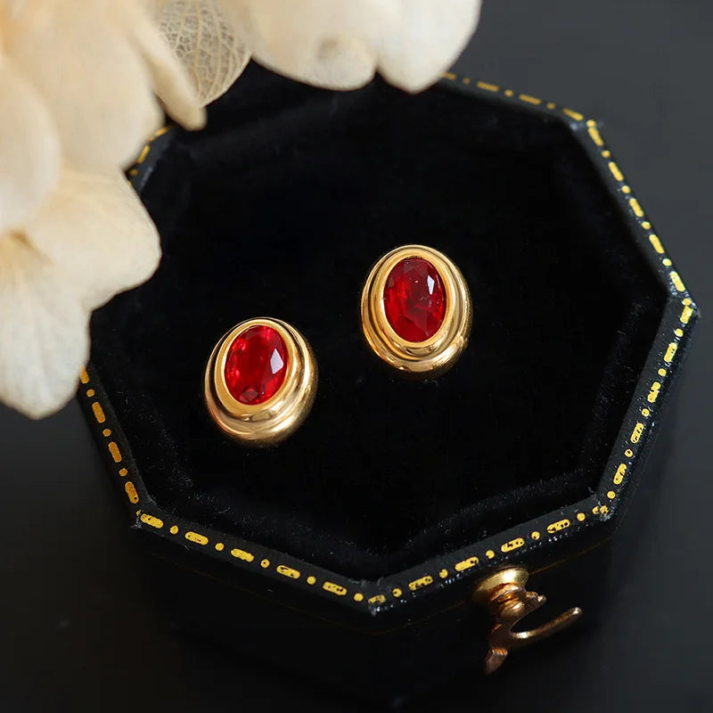 Vintage Chic Red Green Zirconia Stud Earrings Stainless Steel Oval Shape Bezel Setting High-Class Feeling Anniversaries Gifts