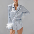 French Women's Home Wear Satin Suit Long-Sleeved Ice Silk Pajamas with Feather Design Elastic Waist Closure for Spring/Summer