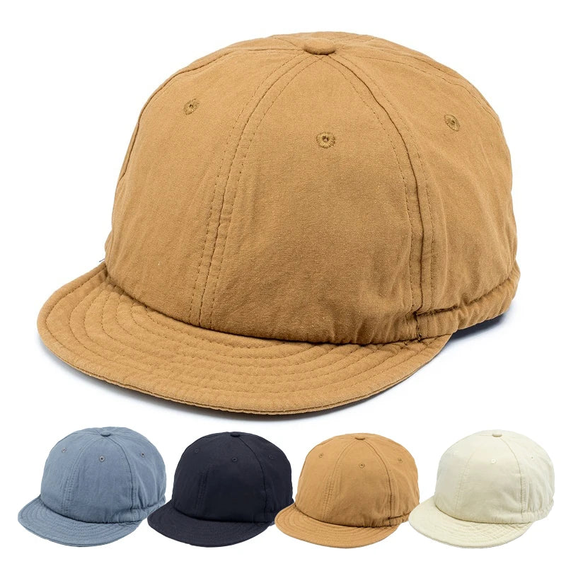 Vintage Blank Plain Flat Short Brim Washed Cotton Camping Drawstring Fit Biker Board Baseball Hat Snapback Cap