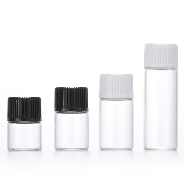 Mini Small Cosmetic Sample Packaging 1ml 2ml 3ml 5ml Black White Screw Cover Essential Oil Glass Bottle