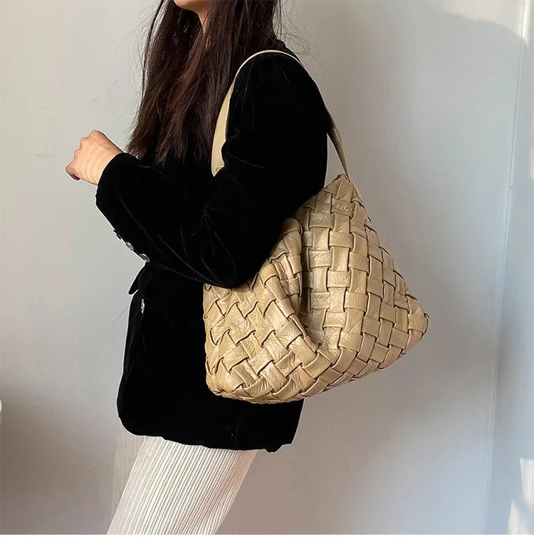 Fashion Women Casual Hobo Bag with Small Pouch Purse 2 Piece Set Lady Elegant Braided Handwork Shoulder Bag Chic Mummy Bag
