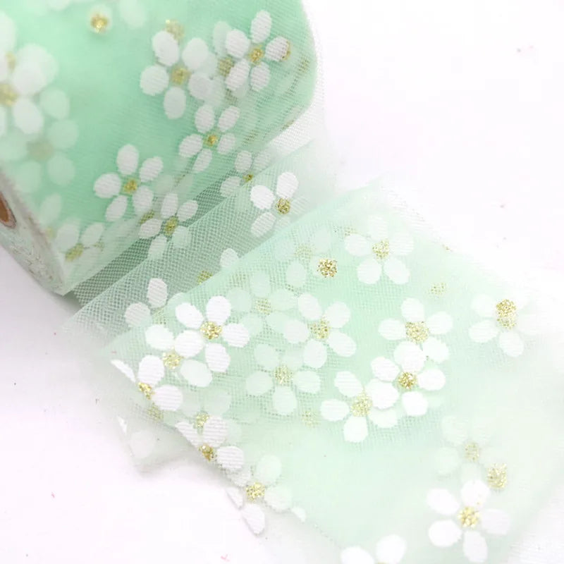Factory Wholesale Printing Gold Small Flower Mesh Rolls DIY Ribbon Dubai Floral Ribbon 6cm 25Yards Mesh Tulle Fabric