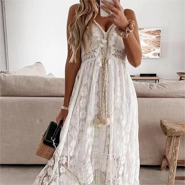 Spring and Summer New Cross-border European and American Lace Suspender Full-length Solid Color Long Skirt Dress