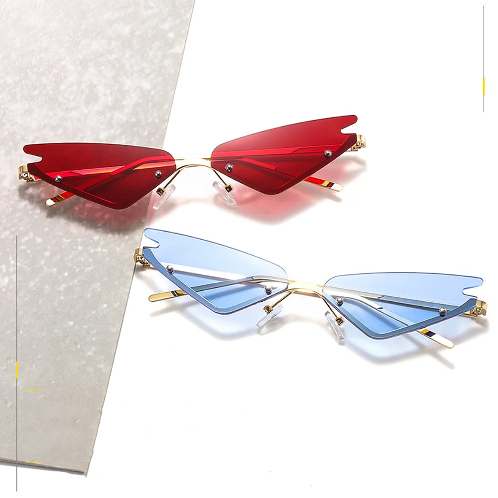 Small Cateye Sunglasses Futuristic Rimless Colored Mirrored Lens