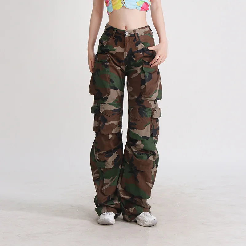 European American Street Trendy Hot Girl Style Women's Mid-Waist Casual Pants Multi-Pocket Decoration Heavy Industry Camouflage