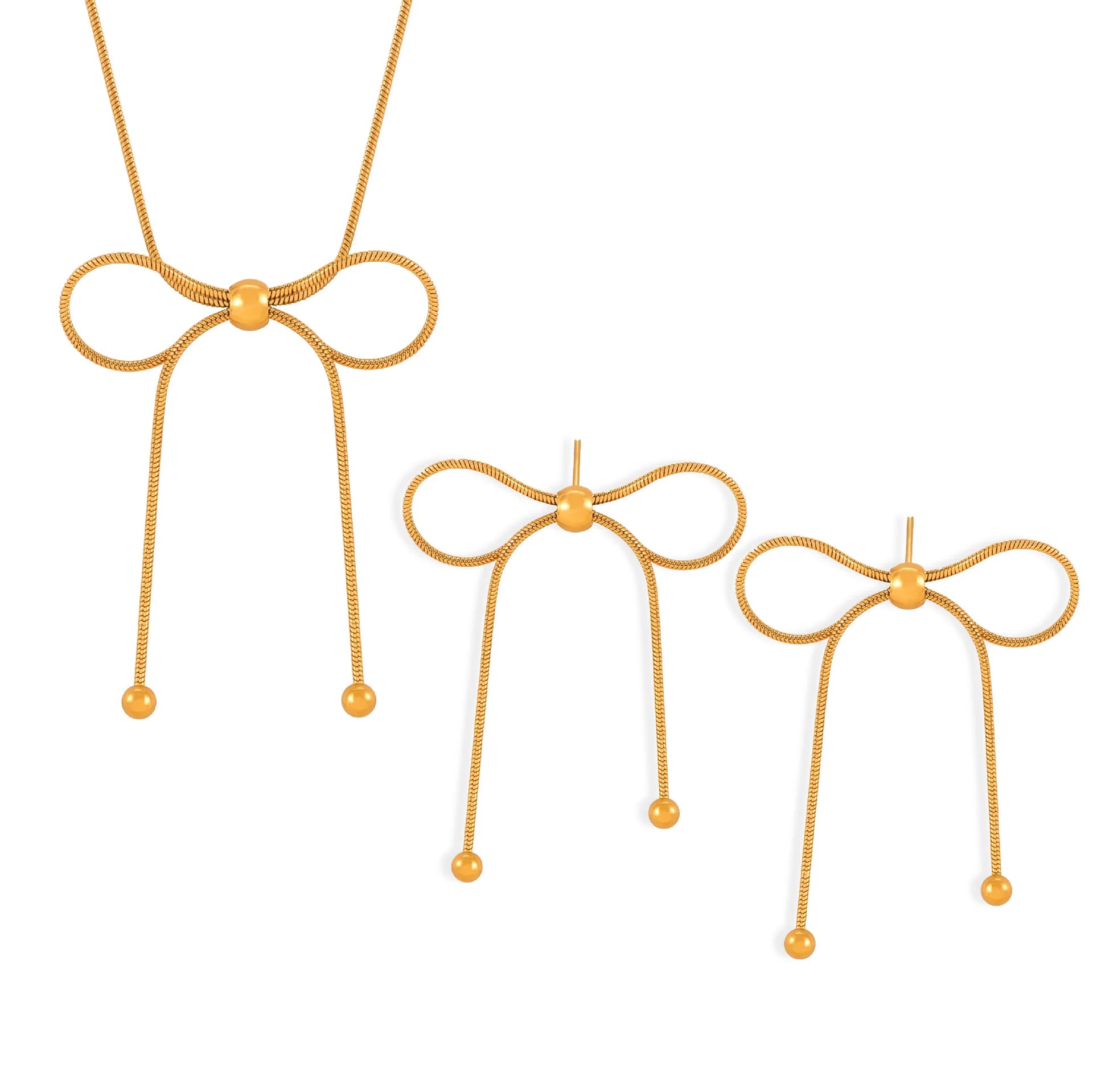 Joolim Waterproof Gold Plated Dainty  Pearl  Ribbon Knot Bow Pendant Bowknot Stainless Steel Snake Chain Necklace Earring Set