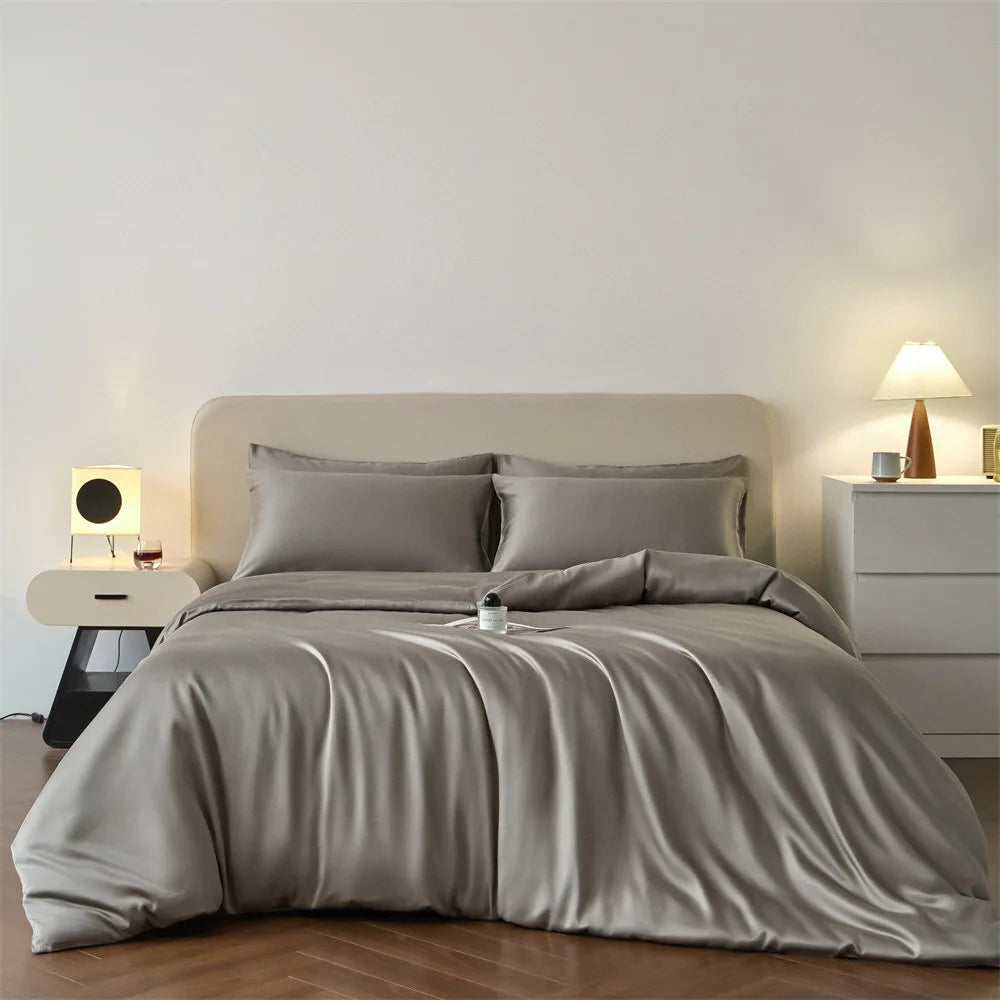 100% 60s Lyocell Bed Quilt Cover Solid Color Breathable Comforter Grey Bedsheet Bedding Set