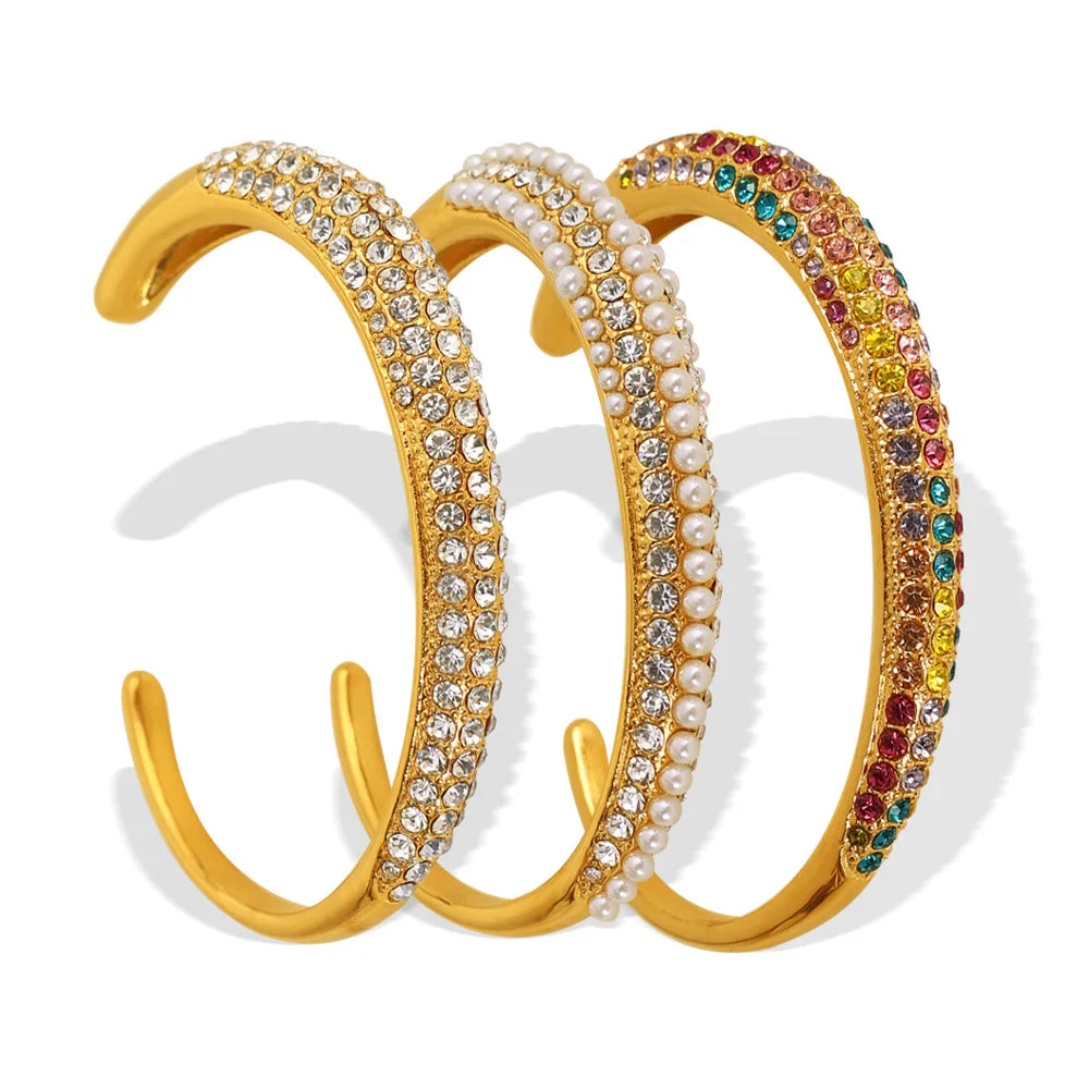 Factory Direct Sales Waterproof 18K PVD Gold Plated Elegant Full Pearls White Color CZ Cuff Bracelets Dome Bangle for Girls Gift