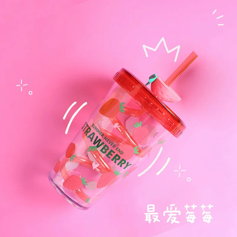 Summer Rotating Straw Cup Plastic Water Cup Lemon Avocado Strawberry Milk Carton Crystal Water Bottle CUP1561