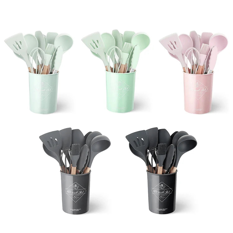 Kitchen Food Grade Durable Silicone Wood Kitchen Utensils Set Cooking Baking Spatula Spoon Turner Brush Tongs