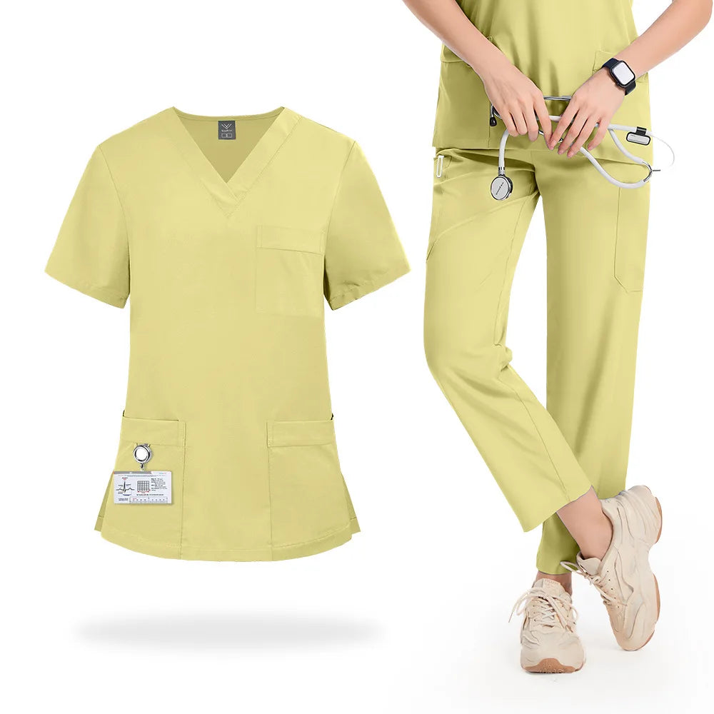 Female Plain Solid Spandex Stretch Shirt Clinical Pharmacist Pediatric Surgical Uniform Nursing Scrub Top With Straight Pants