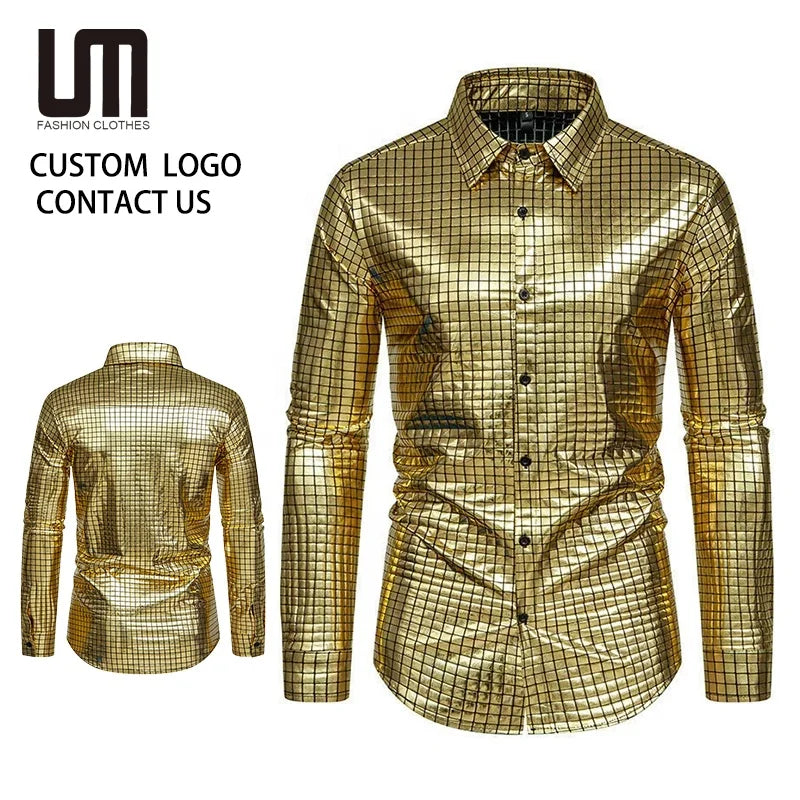 Custom New Gold Stage Night Shirt Long Sleeve Party Top Nightclub Disco Shirt Prom Dress Shirt for Men