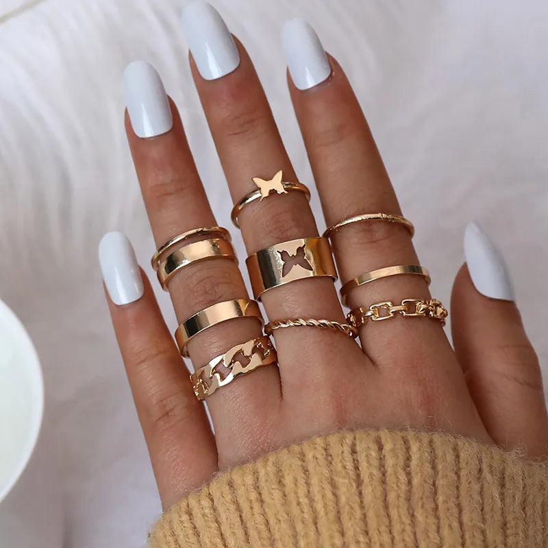 Women's Trendy Alloy Fashion Rings 9 Piece/Set Hollow Butterfly and Double Chain Opening Hollow Butterfly Double Chain Opening