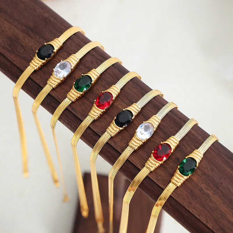 4MM Herringbone Oval Zirconia Colorful Glass Stone Pendant Necklace Stainless Steel Snake Chain Bracelet Set