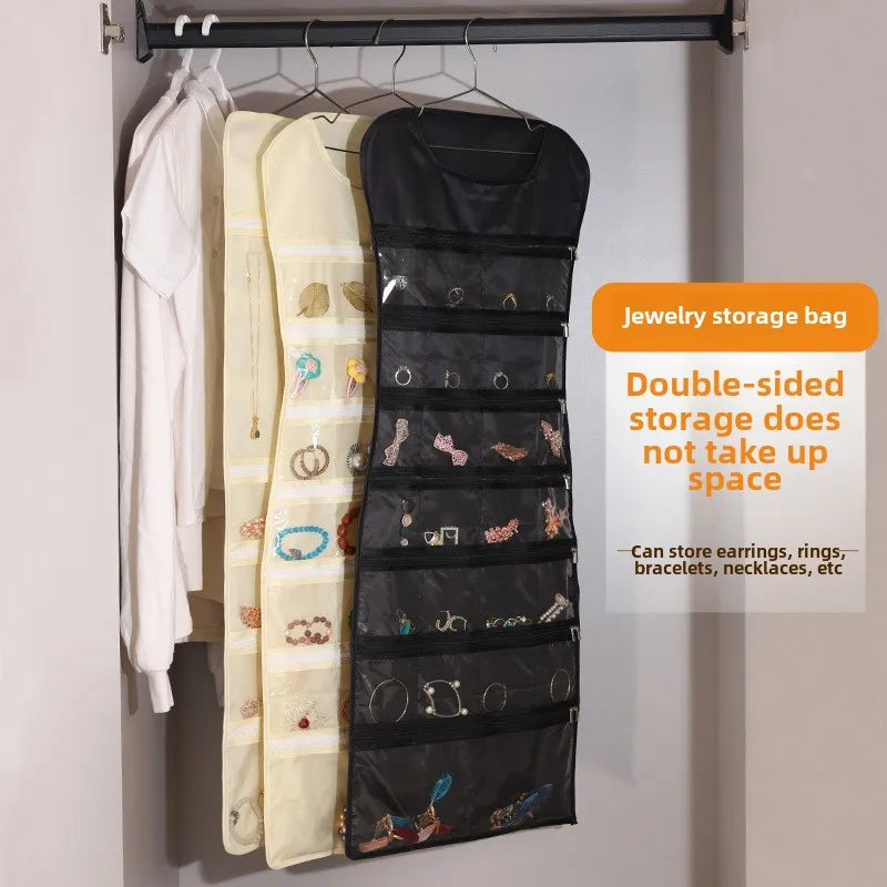 Girls Necklace Jewelry Storage Set Hanging Bag Modern Oxford Cloth Double-Sided 41 Grid Zipper Sealed Anti-Oxidation Waterproof