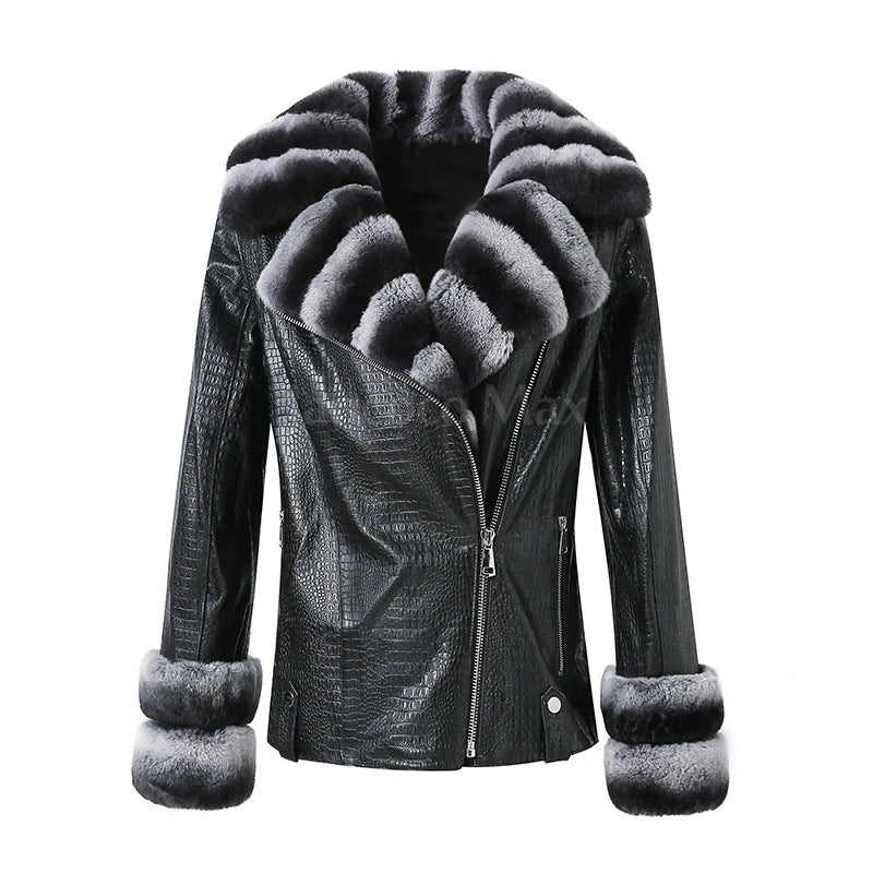 New Arrival Women Genuine Sheepskin Fluffy Chinchilla Fur Leather Jackets With Detachable Sleeve and Rex Rabbit Fur Collar