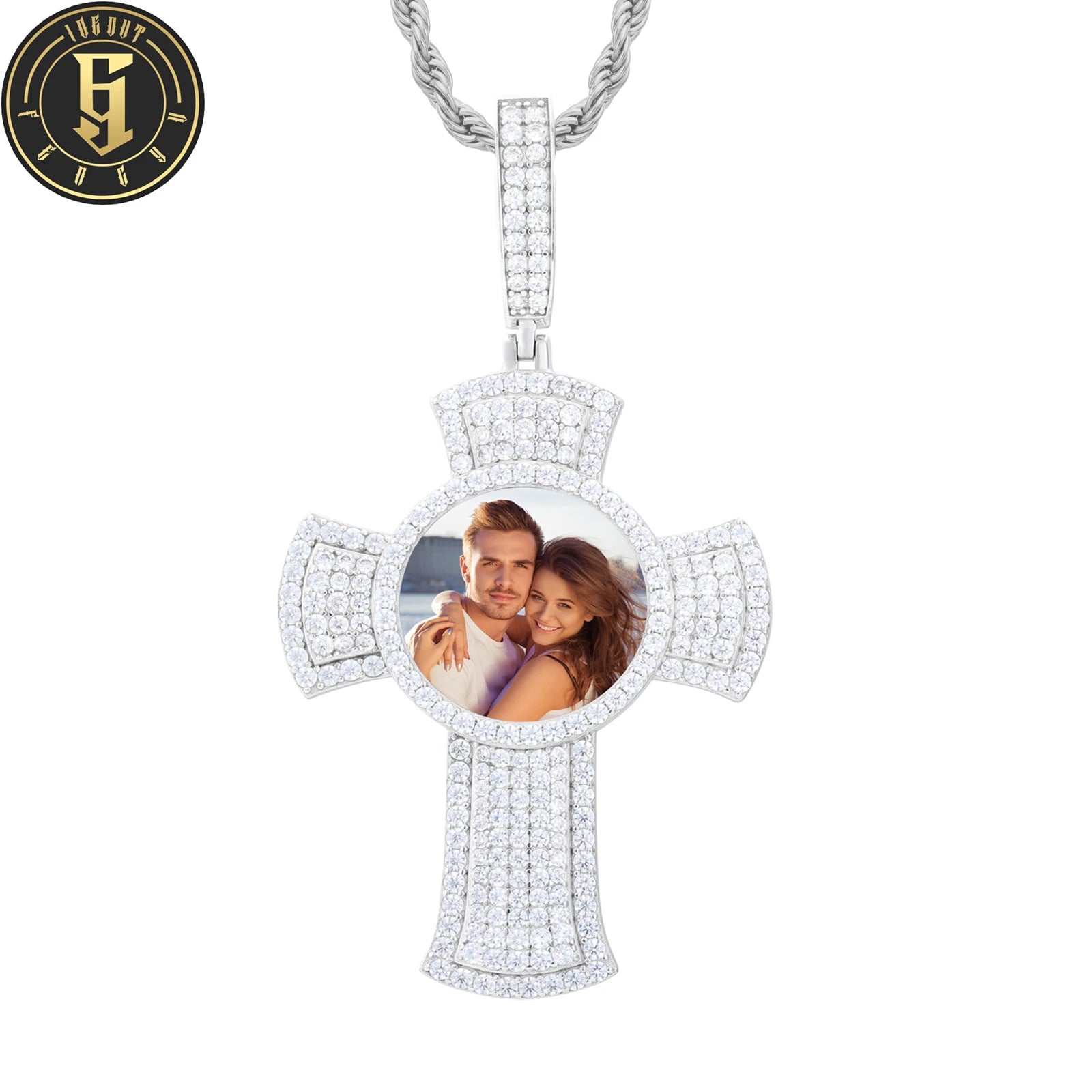 Iced Out Cross Photo Pendant Gold Plated Brass Micro Paved Zircon Diamond Memory Jewelry Custom Picture Necklace