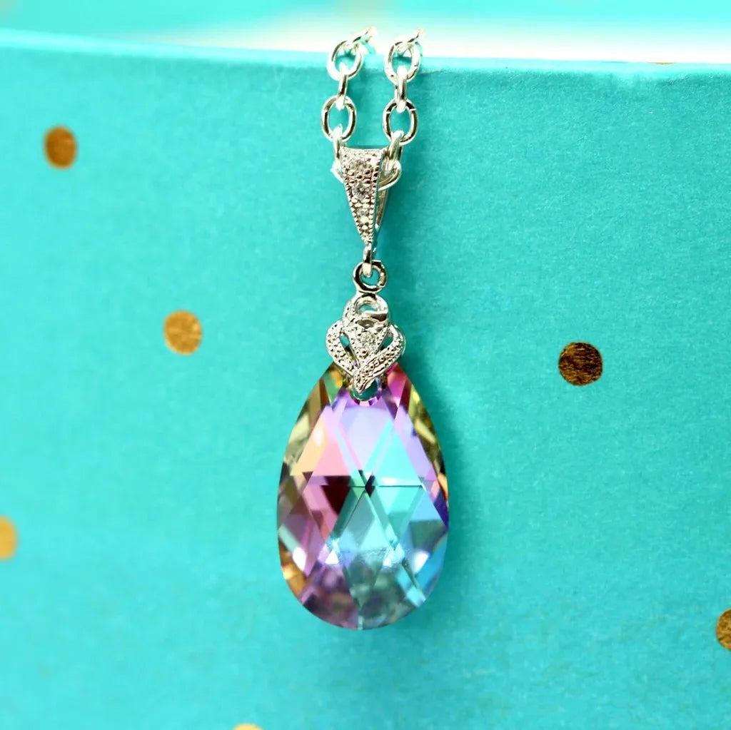 CAOSHI 925 Silver Plated Jewelry Multicolor Pear Cut Crystal Chain Women  or Girls Waterdrop Cubic Zirconia Pendant Necklace