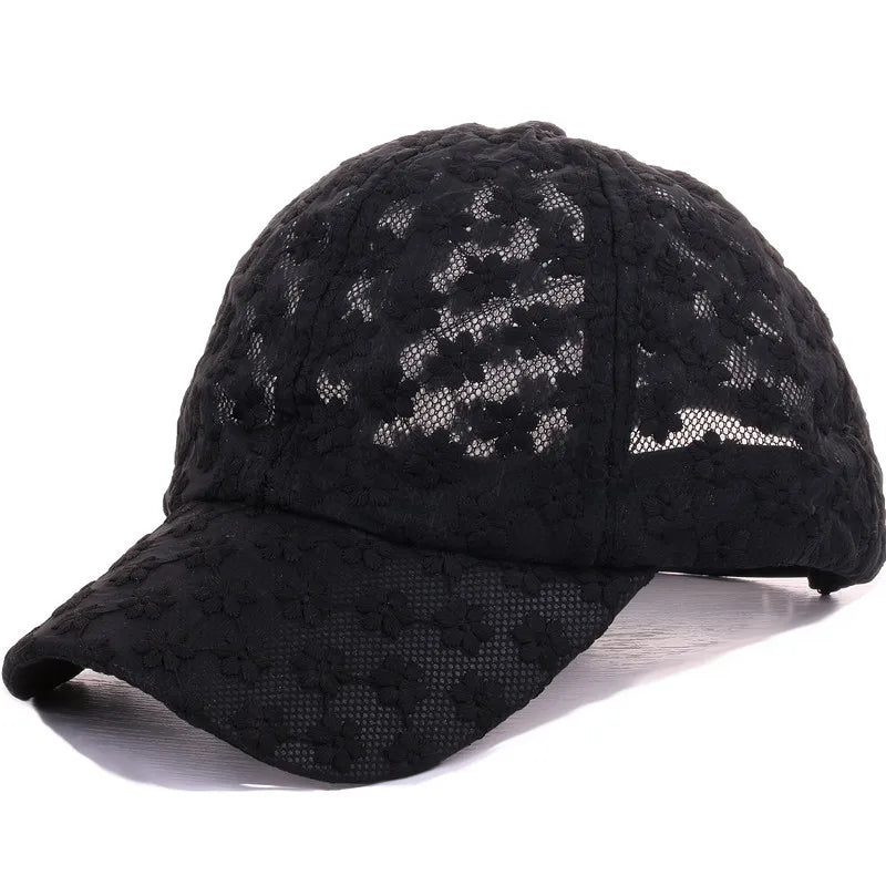 Women's Elegant 6-Panel Summer Baseball Cap Fashionable Lace Flower Hollow Sun Hat 100% Polyester for Running