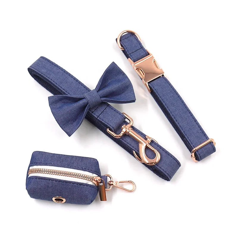 Luxury Collar Dog Pet Supplies Poop Bag Holder Dark Denim Dog Collar and Leashes Bowtie Waste Bag Holder Premium Dog Collar