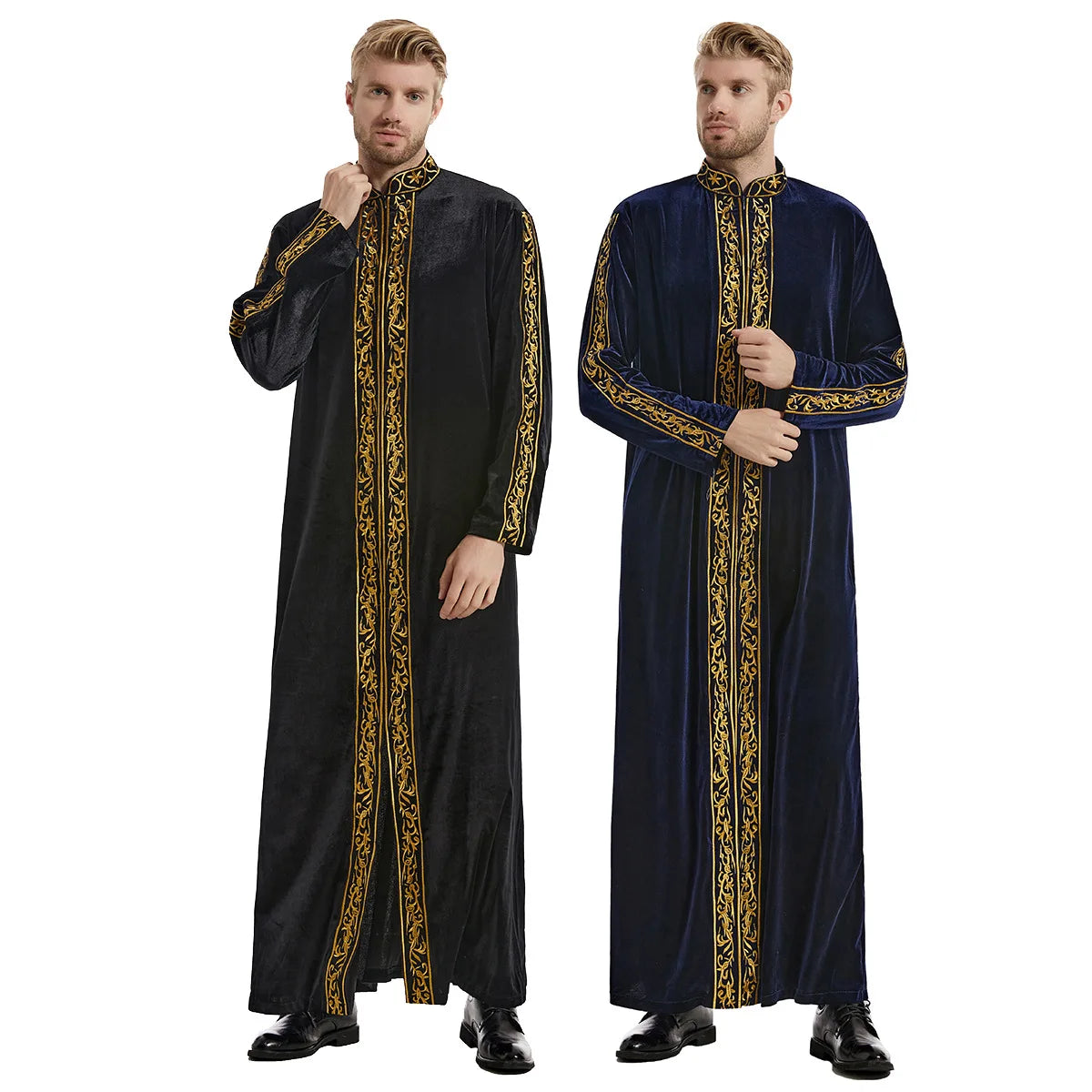Thobe Men Muslim Muslim Robe Middle East Moroccan Thobe Golden Velvet Embroidered Robe for Men